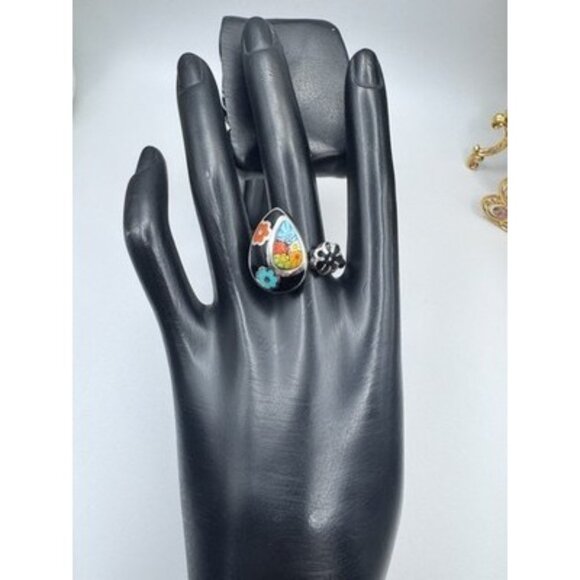 Vintage Millefiori Murano Glass & Enamel Toi Et Moi Sterling Silver Ring Size 8 - Picture 2 of 9